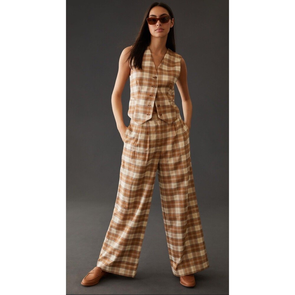 Anthropologie Hutch Pants Women Preppy Brown Plaid Wide Leg Preppy Size 12 NWT